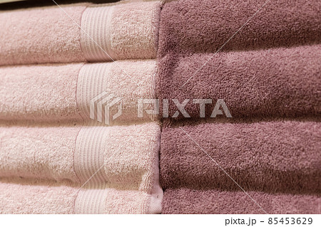 Stack of fluffy towels in store. Background 85453629