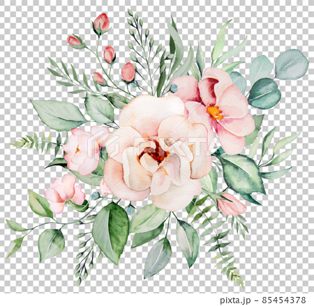 Watercolor light pink flowers and green leaves bouquet illustration 85454378