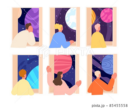 People dreaming at windows. Peeking woman, window home on sky. Persons relax, looking in universe thinking about future. Romantic mood utter vector set 85455558