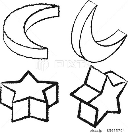 モノクロでシンプルな落書き風のアイソメトリックスタイルの星と三日月のイラストセット のイラスト素材