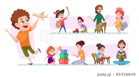 Kindergarten kids. Playing room education toys for children learning processes in kindergarten room exact vector cartoon pictures set 85456649