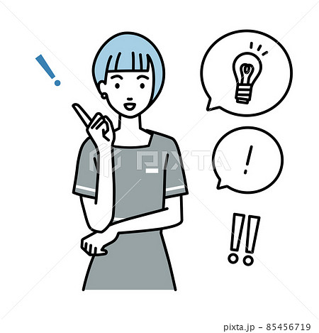 立って素晴らしいアイデアをひらめいたエステ店員の女性 フキダシに電球と感嘆符のセット 立って素晴らしいアイデアをひらめいたエステ店員の女性 フキダシに電球と感嘆符のセット 85456719