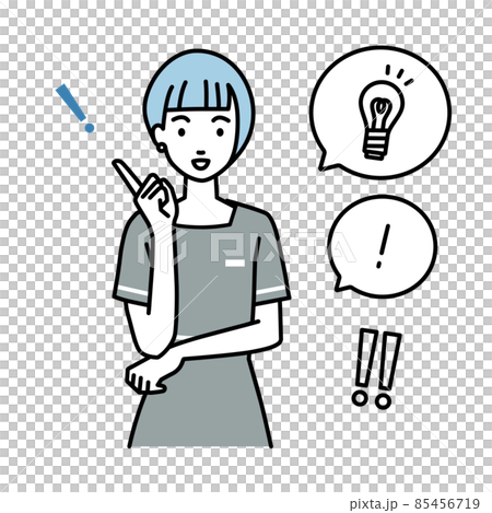 立って素晴らしいアイデアをひらめいたエステ店員の女性 フキダシに電球と感嘆符のセット 立って素晴らしいアイデアをひらめいたエステ店員の女性 フキダシに電球と感嘆符のセット 85456719