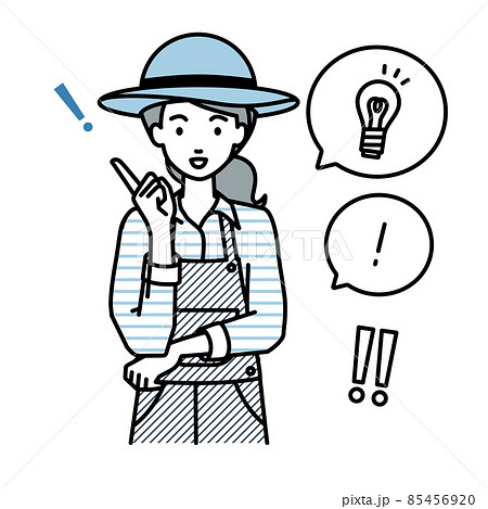 立って素晴らしいアイデアをひらめいた農家の女性 フキダシに電球と感嘆符のセットのイラスト素材