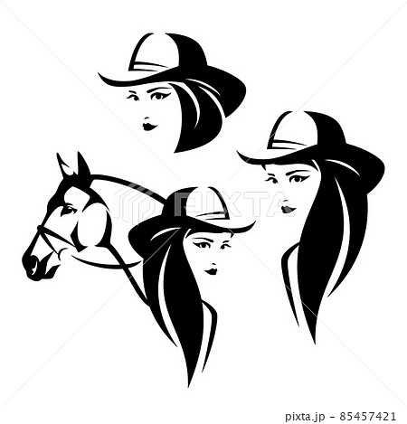 cowgirl woman and bridled horse head black and white vector outline 85457421