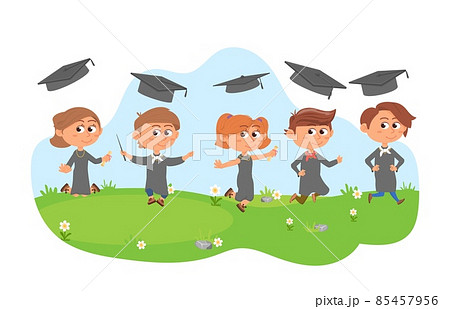 Graduation kids background. Happy successful student, academic hats flying. Cute graduated children, jumping cartoon boy girl in green valley decent vector concept Graduation kids background. Happy successful student, academic hats flying. Cute graduated children, jumping cartoon boy girl in green valley decent vector concept 85457956