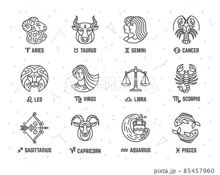 Zodiac signs. Astrology sign and constellation, aries cancer, libra. Esoteric horoscope symbols. Virgo, pisces and aquarius isolated tidy vector set Zodiac signs. Astrology sign and constellation, aries cancer, libra. Esoteric horoscope symbols. Virgo, pisces and aquarius isolated tidy vector set 85457960