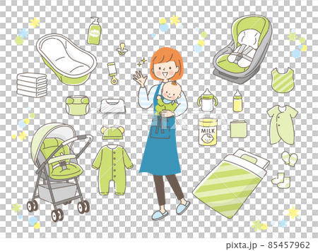 ベビー用品と赤ちゃんを抱っこするママ ベビー用品と赤ちゃんを抱っこするママ 85457962