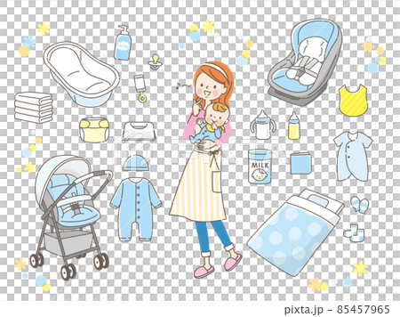 嬰兒用品和抱著嬰兒的媽媽 85457965