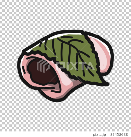 Illustration of Sakuramochi (Chomeiji), a Japanese sweet made by wrapping mochi with cherry leaves. 85458688