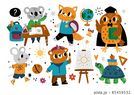 Cute school animals. Kids cartoon characters with educational supplies. Students study or paint. Wise owl in mantle. Turtle with books. Mouse play with soccer ball. Vector creatures set 85459532