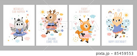 Cute fairy cards. Little animals girls with delicate wings and magic wands. Forest princesses. Ballerina owl and bunny. Cartoon dancing fawn and squirrel. Vector birthday postcards set 85459553