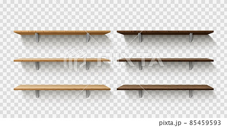 Realistic wooden store shelves. Dark and light timber library racking. 3D hanging wall exhibition stands for product presentation. Empty interior furniture. Vector blank bookshelves set 85459593