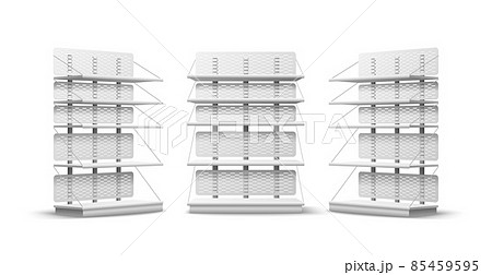 Empty store shelves. Realistic shop stand. Different angles views. Furniture for products presentation. Multilevel layout. 3D supermarket rack. Retail equipment. Vector showcases set 85459595
