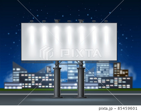 Night city billboard. Realistic blank illuminated advertising board. Roadside street banner. Horizontal lighted screen. Urban landscape with empty advertisement stand. Vector concept 85459601