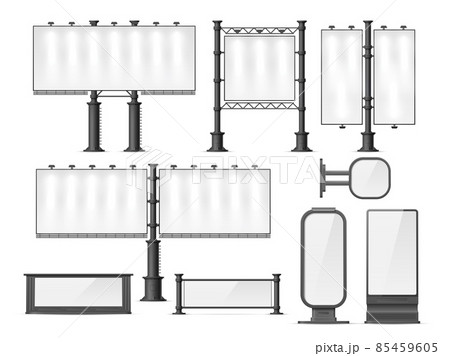 Realistic blank city billboards. Advertising empty places. Illuminated outdoor banners. 3D lightboxes and roadside boards. Glowing fences modules. Vector street promotion posters mockup 85459605