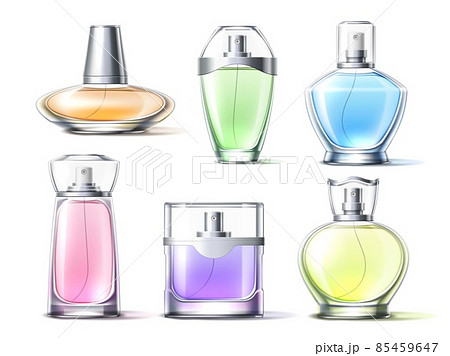 Color perfume in glass bottles. Realistic fragrance packaging design, different shape vials with spray and shaped lids, isolated colognes luxury containers, vector isolated set Color perfume in glass bottles. Realistic fragrance packaging design, different shape vials with spray and shaped lids, isolated colognes luxury containers, vector isolated set 85459647