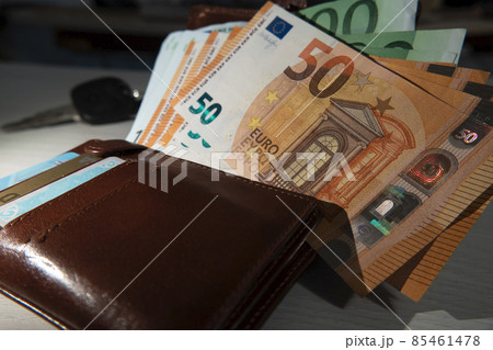 Euro cash is on the wallet with credit cards. A lot of money. Calculation of financial donations. Accounting of funds.Means of payment and wages in European currency.Balance account.Making purchases 85461478