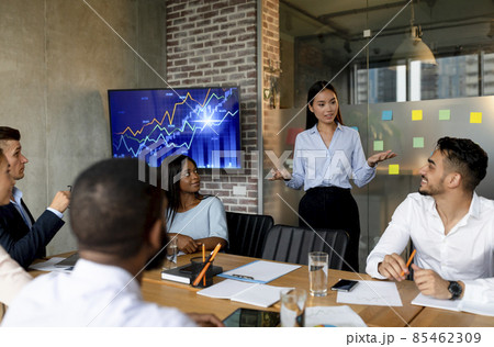 Multiethnic Group Of Business People Communicating During Corporate Meeting In Office 85462309