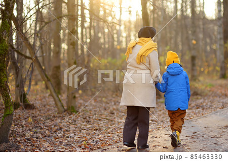 Little grandson and elderly grandmother during walking in autumn park. Friendship granny and grandchild. Little grandson and elderly grandmother during walking in autumn park. Friendship granny and grandchild. 85463330