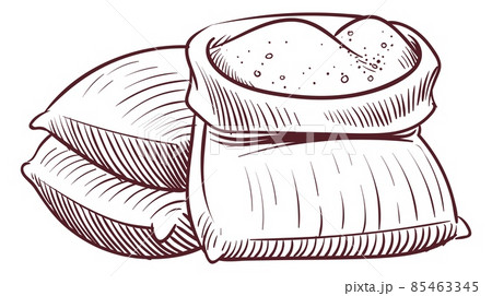 Flour bags. Burlap sack pile. Sugar packages 85463345