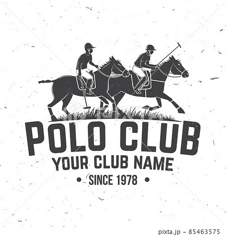 Polo club sport badge, patch, emblem, logo. Vector illustration. Vintage monochrome polo label with rider and horse silhouettes. Polo club competition riding sport. Concept for shirt or logo, print 85463575