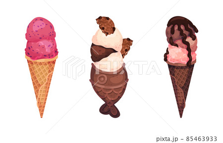 Frozen Dessert with Sweet Flavor and Cream in Waffle Cone Vector Set Frozen Dessert with Sweet Flavor and Cream in Waffle Cone Vector Set 85463933