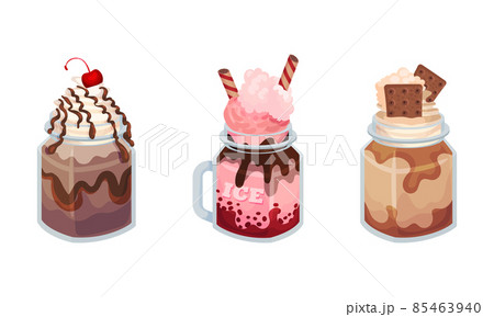 Frozen Dessert with Sweet Flavor and Cream in Glass Jar Vector Set 85463940