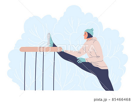 Woman working outdoors in the winter doing stretching. Woman working outdoors in the winter doing stretching. 85466468