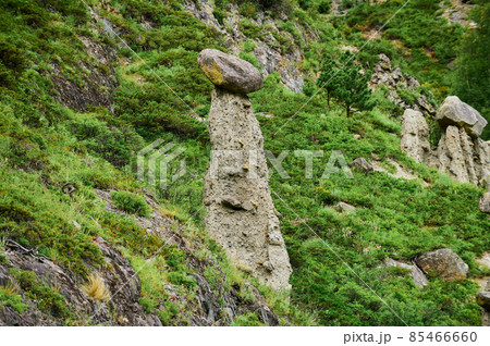 High rock formation with stone boulders at the top, standing on the side of a hill. Stone mushrooms, Altai, Siberia, Russia. 85466660