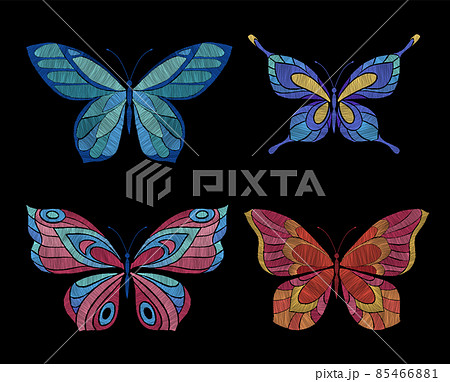 Embroidery butterflies. Floral butterfly, orange blue flying insects. Textile decoration, fashion graphic patches. Stitch templates, nowaday vector set 85466881