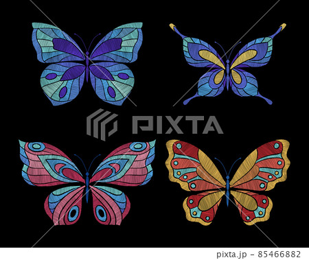 Embroidery butterflies. Floral butterfly, orange blue flying insects. Textile decoration, fashion graphic patches. Stitch templates, nowaday vector set 85466882