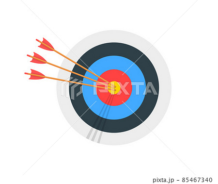 Archery target ring with three arrows hitting bullseye. Round shaped dartboard front view. Goal achieving concept. Business success strategy symbol Archery target ring with three arrows hitting bullseye. Round shaped dartboard front view. Goal achieving concept. Business success strategy symbol 85467340