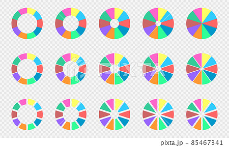 Pie and donut charts set. Circle diagrams divided in 10 sections of different colors. Infographic wheels. Round shapes cut in ten parts isolated on transparent background Pie and donut charts set. Circle diagrams divided in 10 sections of different colors. Infographic wheels. Round shapes cut in ten parts isolated on transparent background 85467341