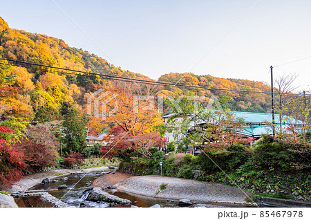 叡山鉄道比叡山口と紅葉、モミジが映える秋の風景、山里の秋の紅葉、美しい紅葉、懐かしい風景の紅葉 85467978