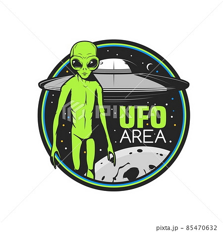 Ufo area icon with green alien and flying saucer over Earth planet. Space research vector emblem with extraterrestrial comer with huge eyes and interstellar shuttle retro label. Alien cosmic creature 85470632