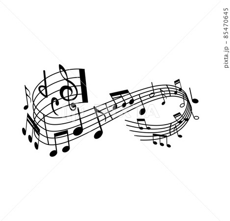 Music sounds wave, vector musical notes, treble or bass clef, flat signs on curvy stave. Melody monochrome swirl, jazz club performance, classical opera concert and orchestra symphony 85470645