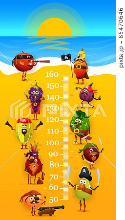 Kids height chart pirate and corsair fruits on beach growth meter ruler. Cartoon vector wall sticker with cute characters orange, plum, papaya and bergamot with grapes, star or dragon fruit heroes 85470646