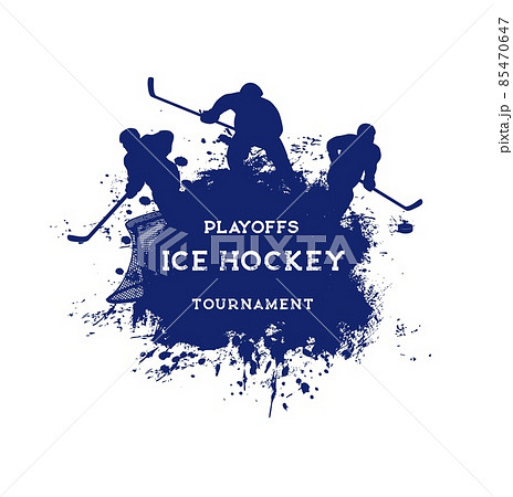 Ice hockey sport grunge vector poster with hockey players, sticks and pucks, goal gate and net blue silhouettes. Ice hockey game team with play equipment and uniform, paint splashes and splatters 85470647