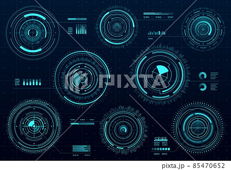 Circle futuristic HUD digital interface data screen dashboard. Vector sci-fi crosshair aims control, target round frames. Military optical aiming, neon glowing gui elements, radars sights or sonars Circle futuristic HUD digital interface data screen dashboard. Vector sci-fi crosshair aims control, target round frames. Military optical aiming, neon glowing gui elements, radars sights or sonars 85470652