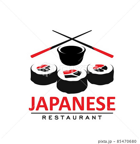 Japanese cuisine restaurant icon with rolls, soy sauce and sticks. Asian country food restaurant, japanese cafe vector emblem, icon with Hosomaki sushi rolls and crossed chopsticks Japanese cuisine restaurant icon with rolls, soy sauce and sticks. Asian country food restaurant, japanese cafe vector emblem, icon with Hosomaki sushi rolls and crossed chopsticks 85470680