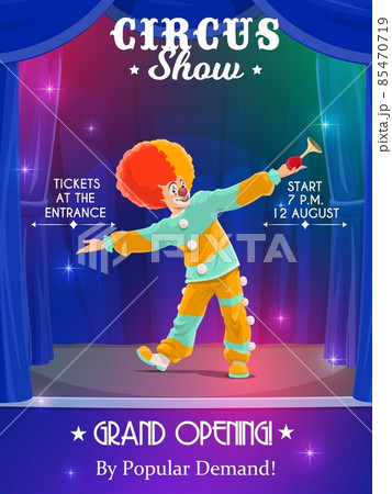 Shapito circus vector poster with cartoon clown on stage of amusement park or funfair. Jester or harlequin clown character with red nose, funny shoes, wig and horn presenting new carnival show 85470719