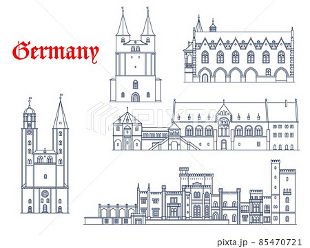 Germany architecture, Potsdam and Goslar landmarks, travel buildings icons. Marktkirche of Goslar, Kaiserpfalz Imperial Palace, Rathaus Town Hall and Babelsberg Schloss Palace in Potsdam. Vector 85470721