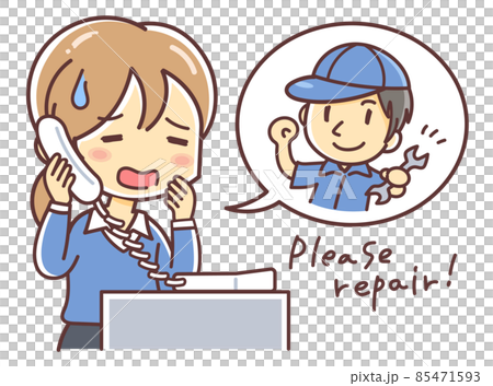 電話で修理の業者を頼む女性のイラスト 困り顔 のイラスト素材