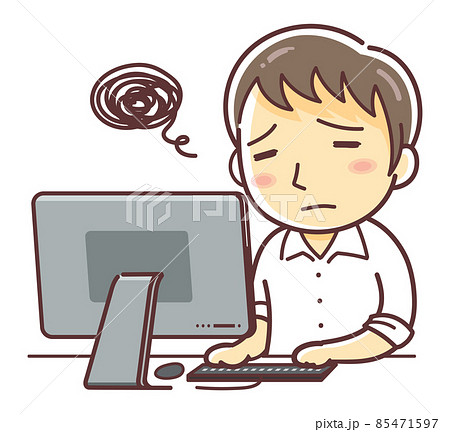 うんざりした表情でパソコンの画面を見る男性（PC がっかり ネガティブ 仕事） 85471597