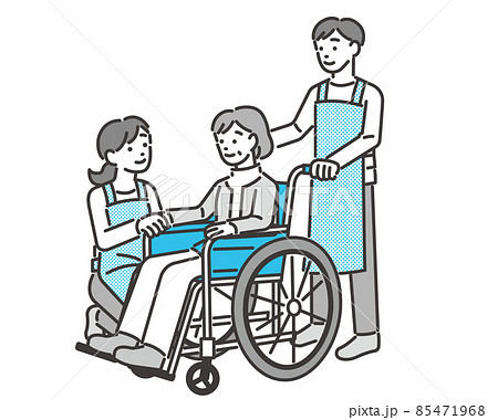 車椅子に乗るシニアと男性の介護福祉士 看護師 のベクターイラスト素材 車いす 介護 怪我 福祉 ヘルのイラスト素材