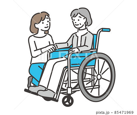 椅子に乗るシニアと家族のベクターイラスト素材／車いす／介護／怪我／福祉 85471969