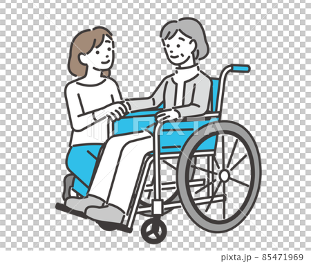 椅子に乗るシニアと家族のベクターイラスト素材／車いす／介護／怪我／福祉 85471969