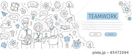 Teamwork landing page with doodle business people 85472094
