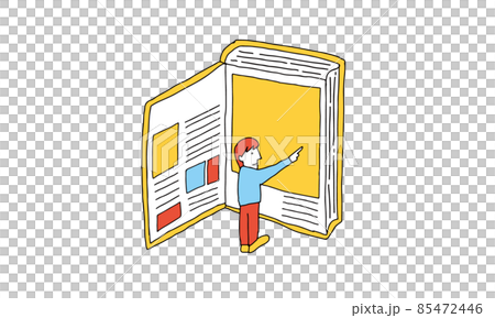 Illustration of a man opening a large book to find out what he is interested in Illustration of a man opening a large book to find out what he is interested in 85472446
